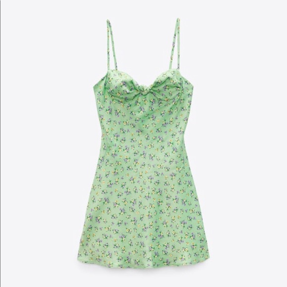New  mini satin like floral green Zara dress - Picture 2 of 8